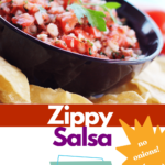 Zippy Salsa Title. Best Easy Salsa. Image of Salsa in a Bowl. No onions.