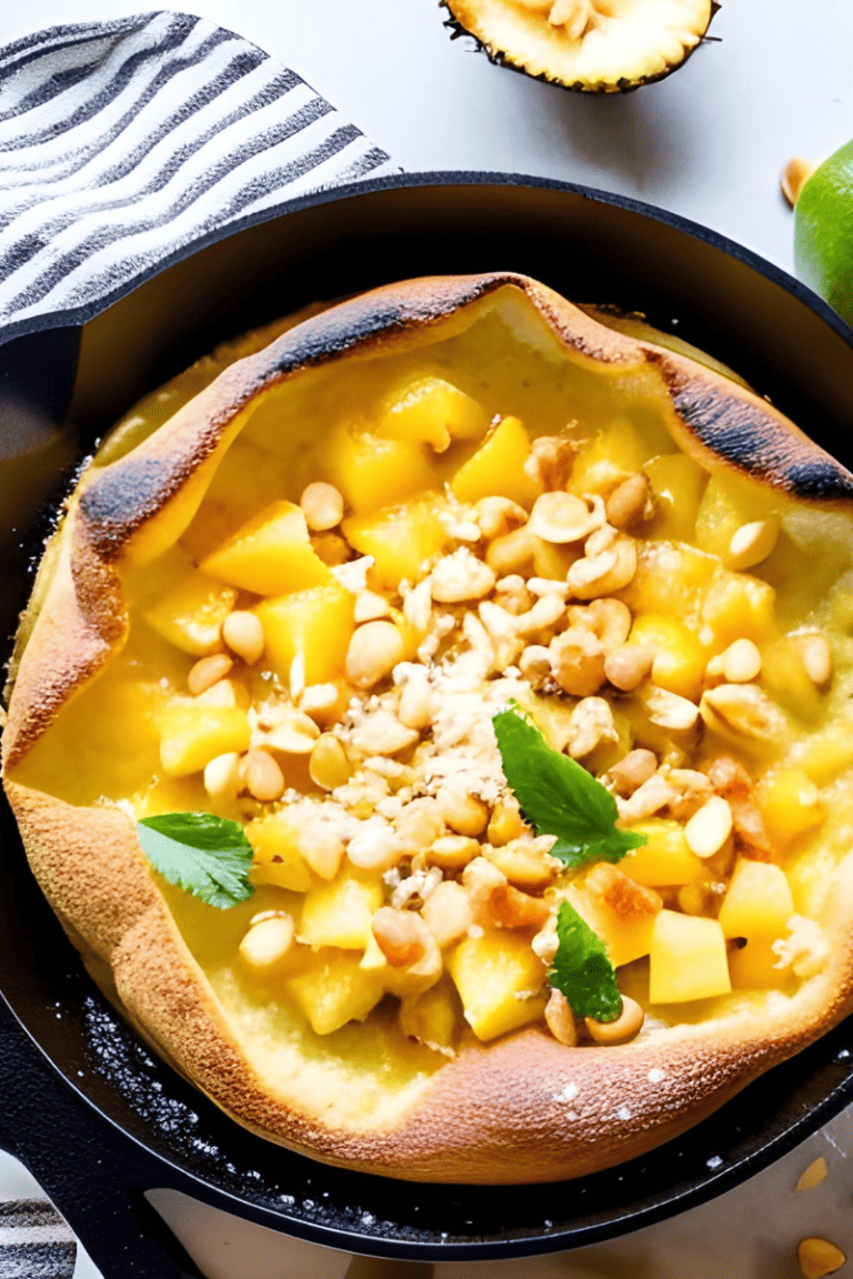 Photo of a dutch baby pancake topped with pineapple, toasted coconut, macadamia nuts and a little bit of mango in a cast iron skillet. S A lime is next to the skillet