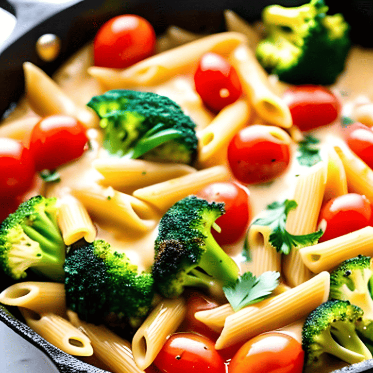 Photo of a skillet of pasta with cheese sauce, tomatoes and broccoli