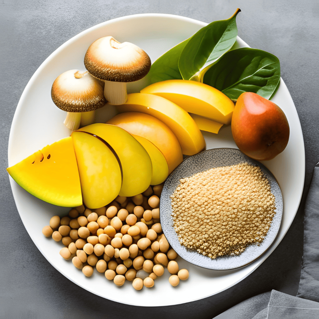 Plate with mango, soybeans, mushrooms and whole beans, foods that contain spermidine naturally.