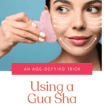 A woman using a gua sha. Arrows show which direction to move the stone, generally upward and outward.