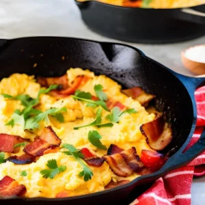 Campfire Skillet Scramble in cast iron pan. Recipe features eggs, bacon and more