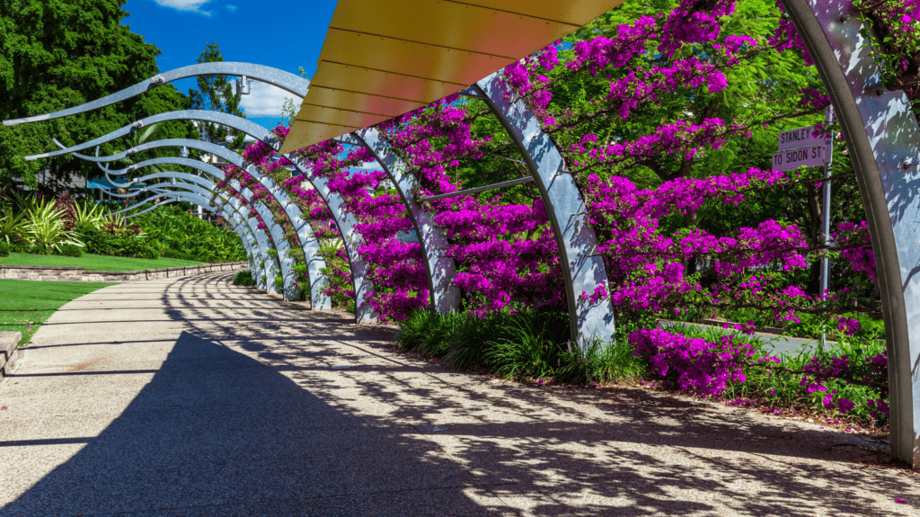 Moving to Australia from US:South Bank Parklands in Brisbane - flowered arbor near walkway