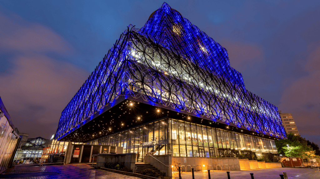 Library of Birmingham lit up at night