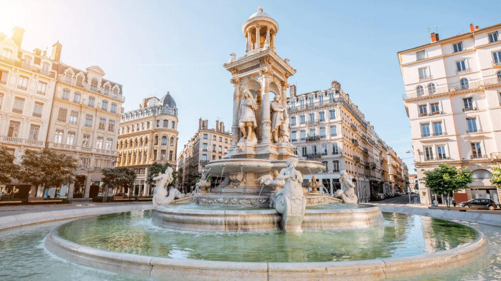Morning view on Jacobins Square and a beautiful fountain in Lyon, France.