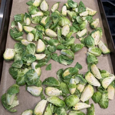 Brussels Sprouts on sheetpan ready to go in oven